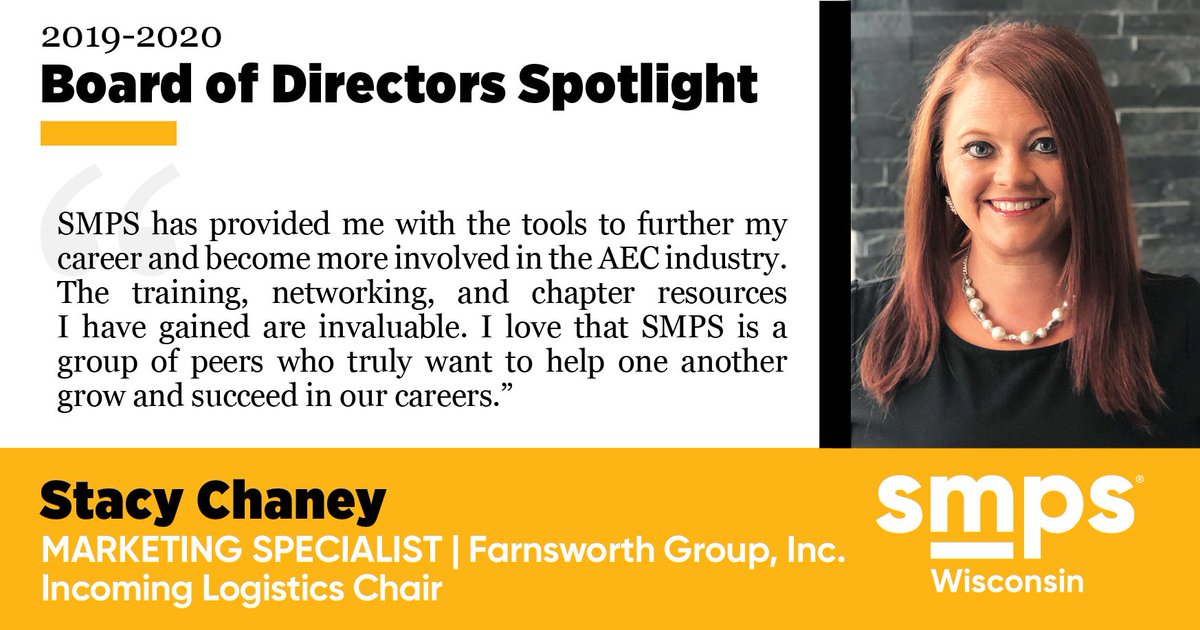 SMPSwi's tweet photo. Please help us welcome our incoming 2019-2020 board and committee members. This week, we'd like to recognize Stacy Chaney with @FarnsworthGrp. We look forward to your continued involvement, Stacy! #SMPSwi #SMPS #aecmarketing #Marketing https://t.co/u3tlNGVNoK
