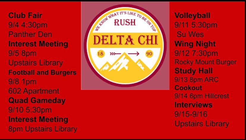 Recruitment starts this week! 
Come see us  and hang out tomorrow, 4:30-6 in the Panthers Den for Club Fair or at any of our upcoming rush events to learn more about the brotherhood of a lifetime!