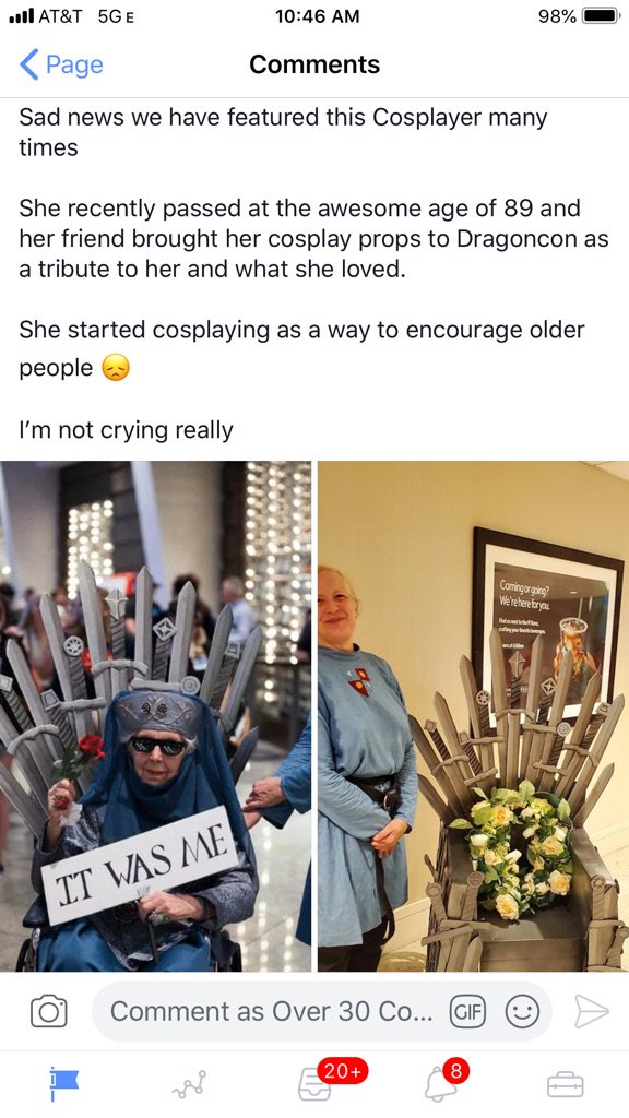 JDCallison's tweet photo. We wanted to announce the passing of a beloved member and Cosplayer please take a moment to recognize this 89 year old beautiful souls passing #deathofacosplayer #over70cosplay #awesomecosplay #over30cosplay #amazinglife #rip #love https://t.co/wGkQBlf3my