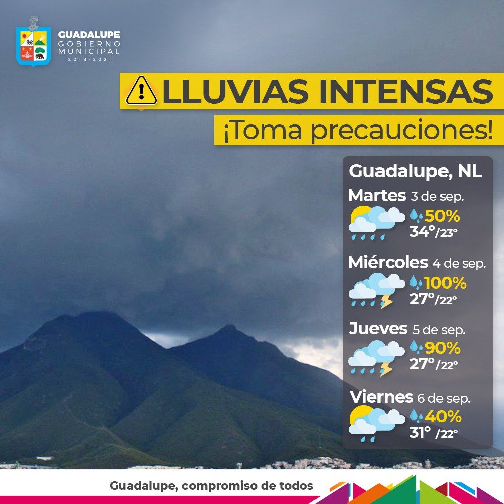 ⚠️AVISO ¡Lluvias intensas!
Se espera que en las próximas horas se registren lluvias en #Guadalupe y el área metropolitana. Intensificándose el miércoles y jueves. 
La recomendación es mantenerse informado y atender indicaciones de las autoridades
<a href="/PCGPE/">Protección Civil Gpe. N.L.</a> 
#Emergencia 9-1-1.