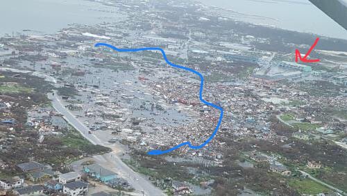 My best effort at trying to match BEFORE Google map buildings to AFTER damage photo in #Abaco #MarshHarbour

Red Error - V Shape building

Blue Outline - The #Mudd

Yellow Text - Central Abaco Primary School 

Doesn't look like the damage photo included the school

#dorian