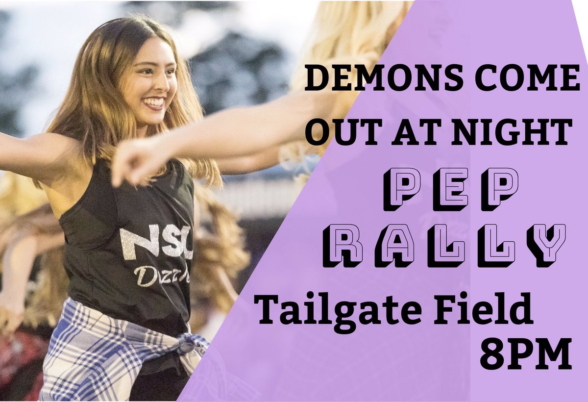 NSU_dazzlers's tweet photo. Hey all you screamin Demons, it’s GAME DAY WEEK! To kick off the official home game season make sure to come out this Friday at 8pm to the pep rally. We can’t wait to see all of you helping us cheer on our Demons! BTHO Midwestern State💜🧡🤘🏼 https://t.co/S4Gq0K3mTI