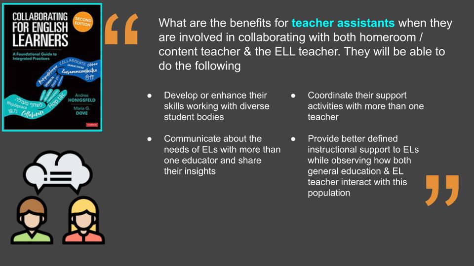 TanKHuynh's tweet photo. How can teacher assistants support the collaborative work of general ed Ts and the ELL teacher?

 @AndreaHonigsfel @MariaGDove https://t.co/cmcI8fo49D  #ellchat_bkclub #esl #ell #esol #tesol https://t.co/GVXRtAXiVg