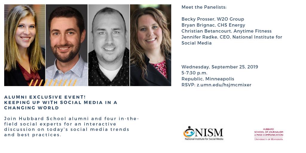 UMN_HSJMC's tweet photo. Join us for an exclusive alumni event on social media trends and best practices! Sept. 25, 5:30 p.m., Republic in Minneapolis. 

RSVP: https://t.co/ATeB9e8L5u https://t.co/97mrhCv8gW