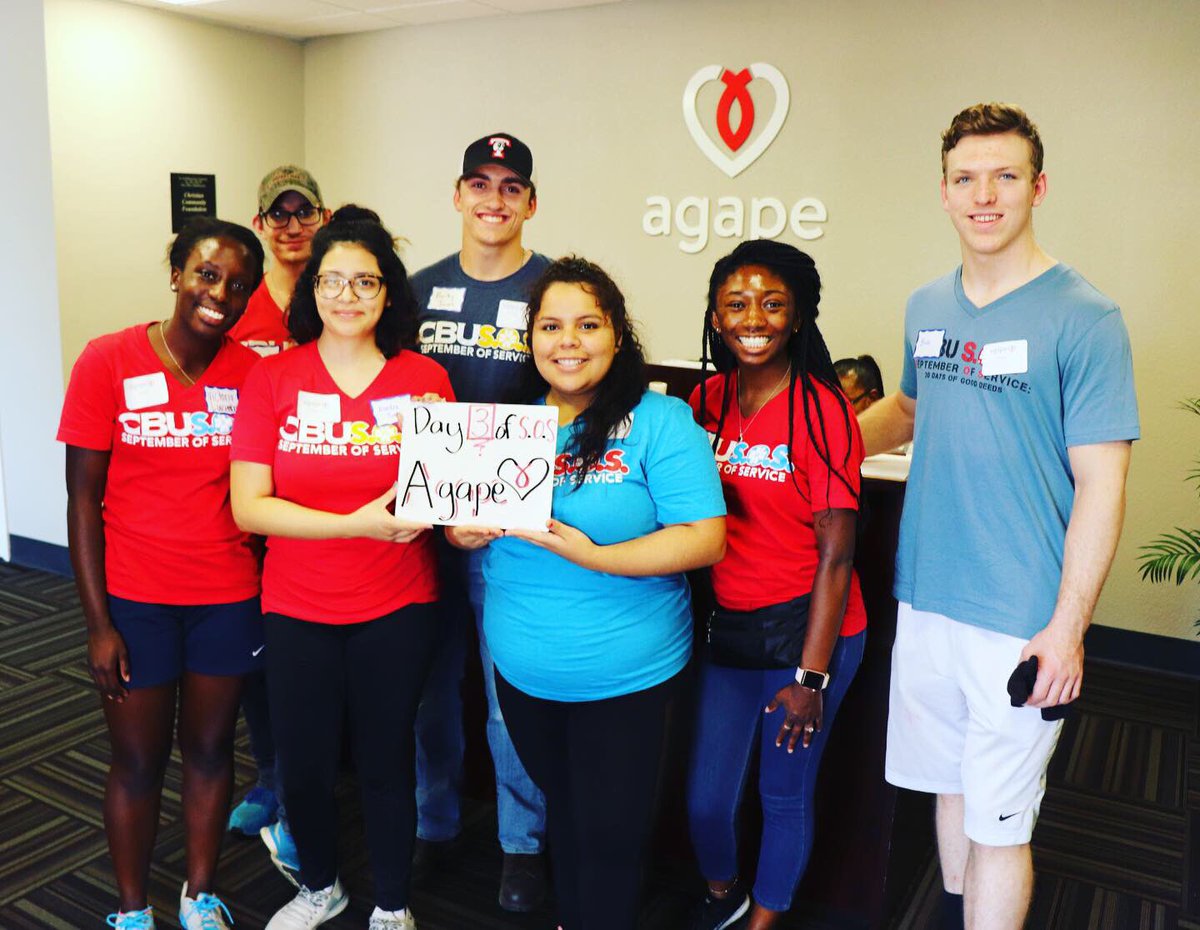 FromCBU's tweet photo. Today’s #cbusos team served at @agapemeanslove! They organized an office, removed and bagged old mulch, and helped with paint in the parking lot. https://t.co/NSdA0ldtfR