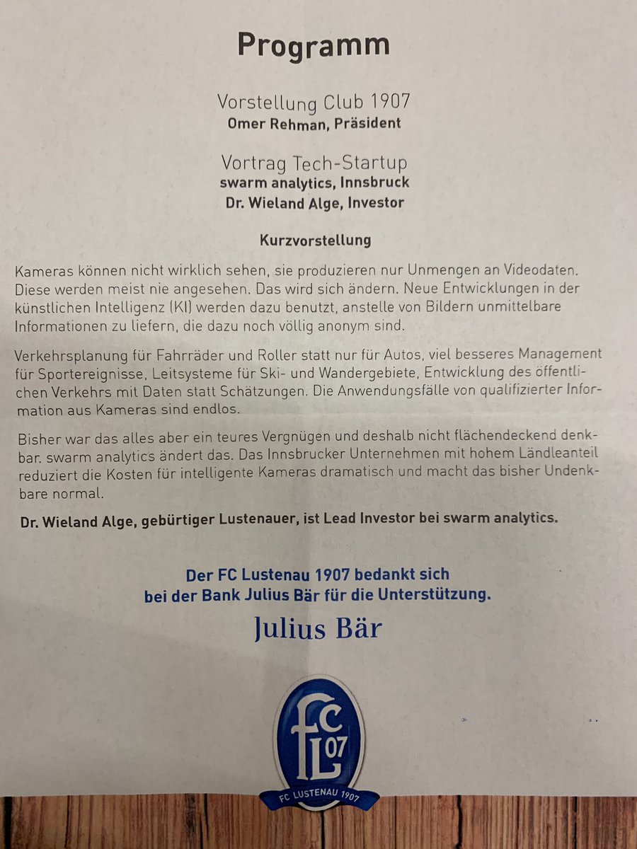 FischerKurt's tweet photo. Am kommenden Samstag gibt @WielandAlge ein Gastspiel/Heimspiel in #Lustenau ... er stellt das tech-startup #swarmanalytics vor ... https://t.co/J5slvEdZqe https://t.co/5uWsdOapUK