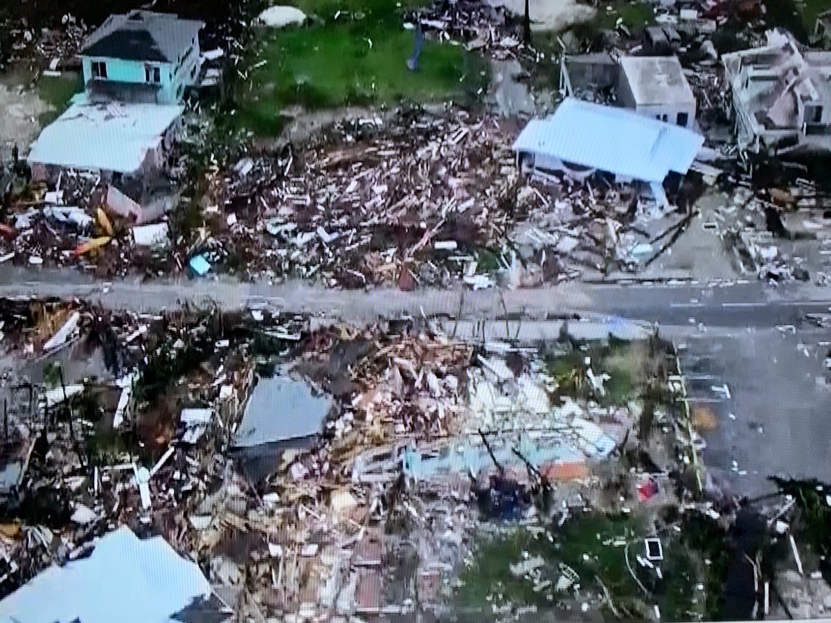 RichThomasWX's tweet photo. Oh no.  Some of the first aerial pictures coming in from Great #Abaco Island, #Bahamas. Absolutely catastrophic damage.  Devastating  Reminiscent of tornado damage.  Heart wrenching. #Dorian was over this island Sunday with 185 Mph winds. https://t.co/UCTv6ToiN6