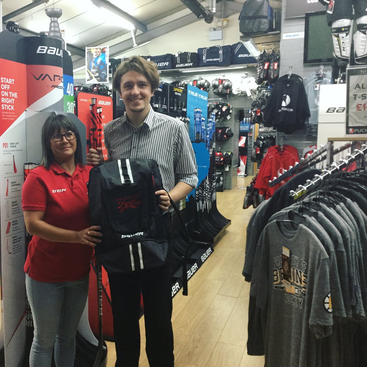 PuckStopUK's tweet photo. Our #BauerDays under 12, and over 16s Top Shot Snipe Competition winners, collecting their custom #VAPOR2XPRO backpacks as part of their prizes https://t.co/n6XYWLWXSD