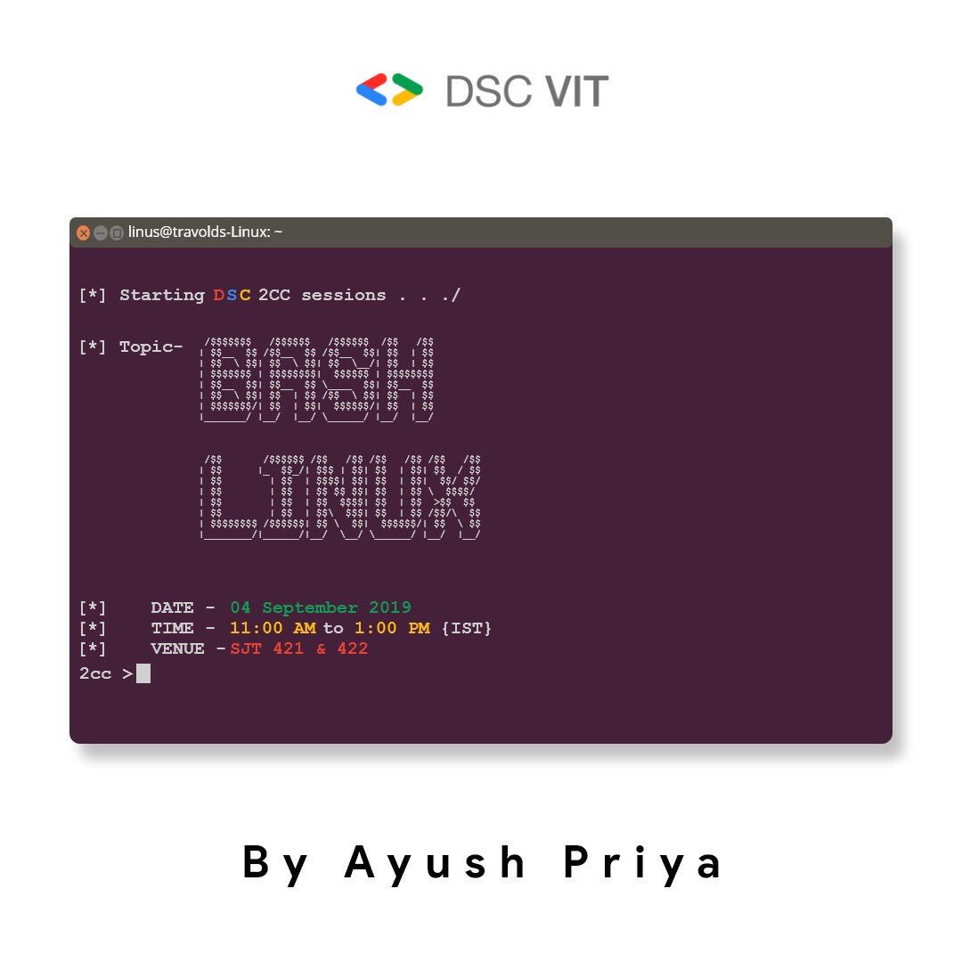 gdgvitvellore's tweet photo. We bring to you the 3rd session of #Developer101 series where we will help you get started with #Bash! Bash is the default user shell on most #Linux installations. Its wide distribution with Linux makes it an important tool to know. 
Venue: SJT 421, 422
Time: 11:30 AM - 1 PM
#2CC https://t.co/b8XKPbaoFV