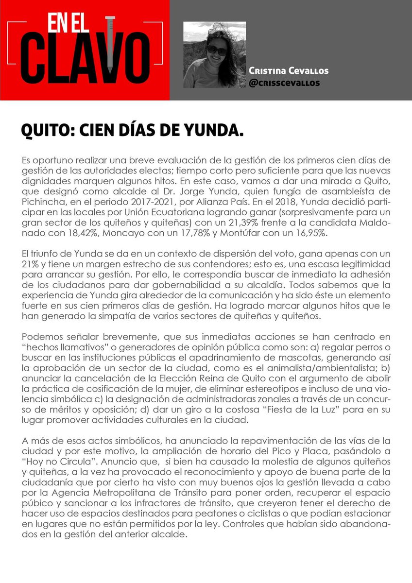 ClavoEc's tweet photo. ARTÍCULO #EnElClavo:
"LOS CIEN DÍAS DE YUNDA"
por @crisscevallos

#Opinión #Debate #Izquierdas #Propuestas #Coyuntura #Política https://t.co/FuOtmnRlNZ