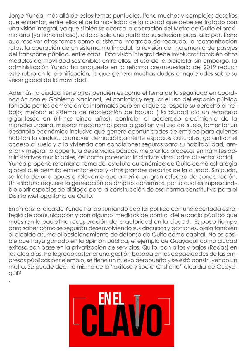 ClavoEc's tweet photo. ARTÍCULO #EnElClavo:
"LOS CIEN DÍAS DE YUNDA"
por @crisscevallos

#Opinión #Debate #Izquierdas #Propuestas #Coyuntura #Política https://t.co/FuOtmnRlNZ