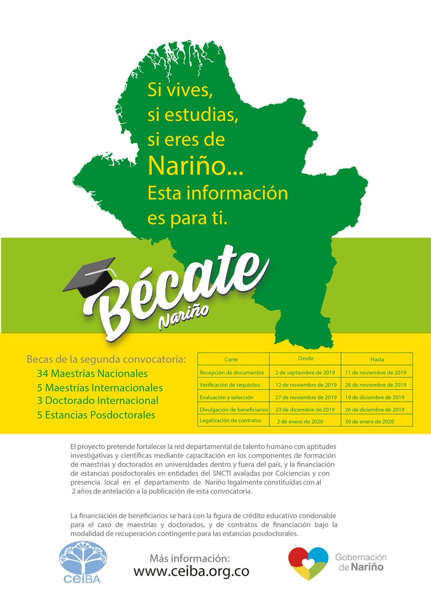 FundacionCEIBA's tweet photo. Les informamos que mañana se cierra la recepción de documentos de la segunda convocatoria del programa Bécate!!!! #Becate #Becas #Nariño #Maestría #Maestrías #Doctorado #Doctorados #PHD @narinotic @gobnarino para más información https://t.co/GmOLqQE7Ah https://t.co/VY04Qg8gCJ