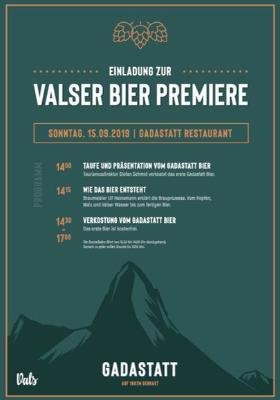Herzliche Einladung zur #Biertaufe am Sonntag 15.09.19 auf Gadastatt. Die #Gadastatt gilt neu als die höchstgelegene 
#Brauerei der Schweiz.
Unser Bier gibt es ab Sonntag 15.09.19 frisch ab Zapfhahn mit anschliessender #Biertaufe um 14:00 Uhr
<a href="/Graubunden/">Graubünden</a> @graubuendner