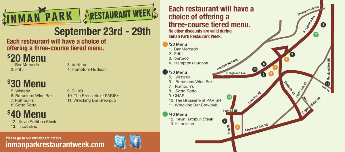 inmanparkrw's tweet photo. We have 3 price points during #IPRW - check out each restaurant - prices from $Wow, $YUM, & $DELISH! @BarcelonaWineBa @wisteriaatlanta @FrittiAtl @SottoSottoAtl @ParishATL @CharKorean
@bartacolife @_HamptonHudson
@WreckingBar @barmercadoatl
@Rathbuns @RathbunKevin
@IlLocalino https://t.co/7kTXYnN5tZ
