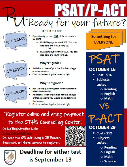 CTHS_Counseling's tweet photo. Rangers, 9th - 11th grade, sign up this week for the PSAT and PACT using this link: https://t.co/7gqIma4j0f Registration and payment deadline is September 13th! @ChisholmTrailHS @EMSCounseling https://t.co/X8DCOHqMKu