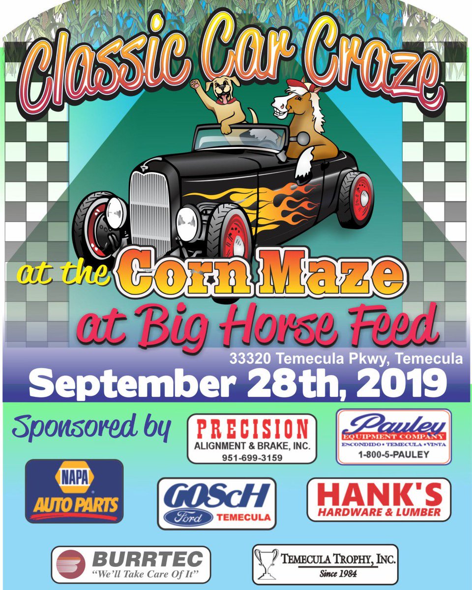 BH_CornMaze's tweet photo. SAVE THE DATE - Big Horse Corn Maze & Harvest Festival open 28th Sept thru' Oct 27th.
Classic Car Craze at the Maze on opening day - Sat Sept 28th. 🚗🎃🌽🌽
#bighorsecornmaze #classiccarcraze #classicarshow #cornmaze #harvestfestival #visittemecula #farmdays https://t.co/MZi80Fqeoc