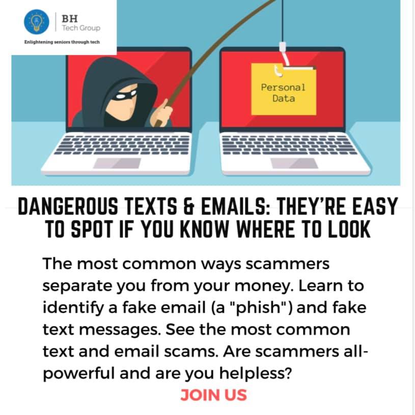 BH Technology Group (@bhtechgroup) on Twitter photo We had a great class with Richard Warner talking about how to spot dangerous texts and emails. If you want us to come to your community - call us any time at 770-696-9808 or email us at info@bhtechgroup.org with your questions. We had a great class with Richard Warner talking about how to spot dangerous texts and emails. If you want us to come to your community - call us any time at 770-696-9808 or email us at info@bhtechgroup.org with your questions.