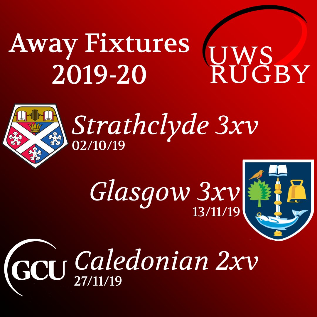 UWSRugbyClub's tweet photo. Fixtures for the upcoming 2019-20 BUCS Scottish 4A league have been released!

Make sure you're with us on October 2nd and join today! 

🔴⚪⚫

#UWSRugbyClub #MontheWest https://t.co/92MnShwcHo
