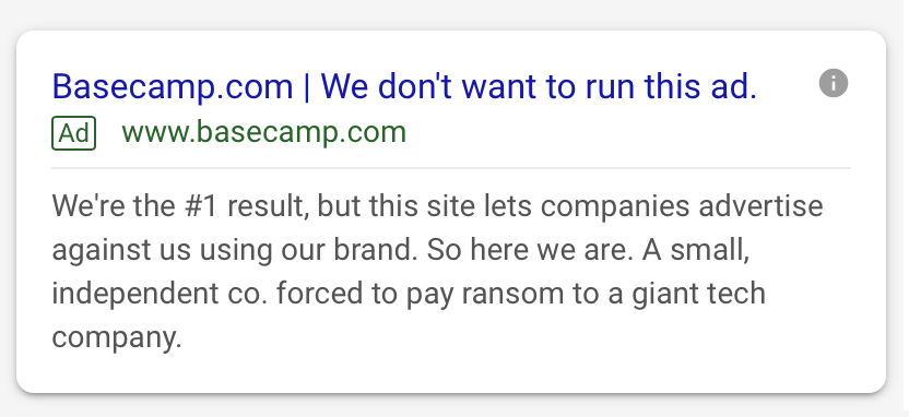 Jason Fried When Google Puts 4 Paid Ads Ahead Of The First Organic Result For Your Own Brand Name You Re Forced To Pay Up If You Want To Be Found