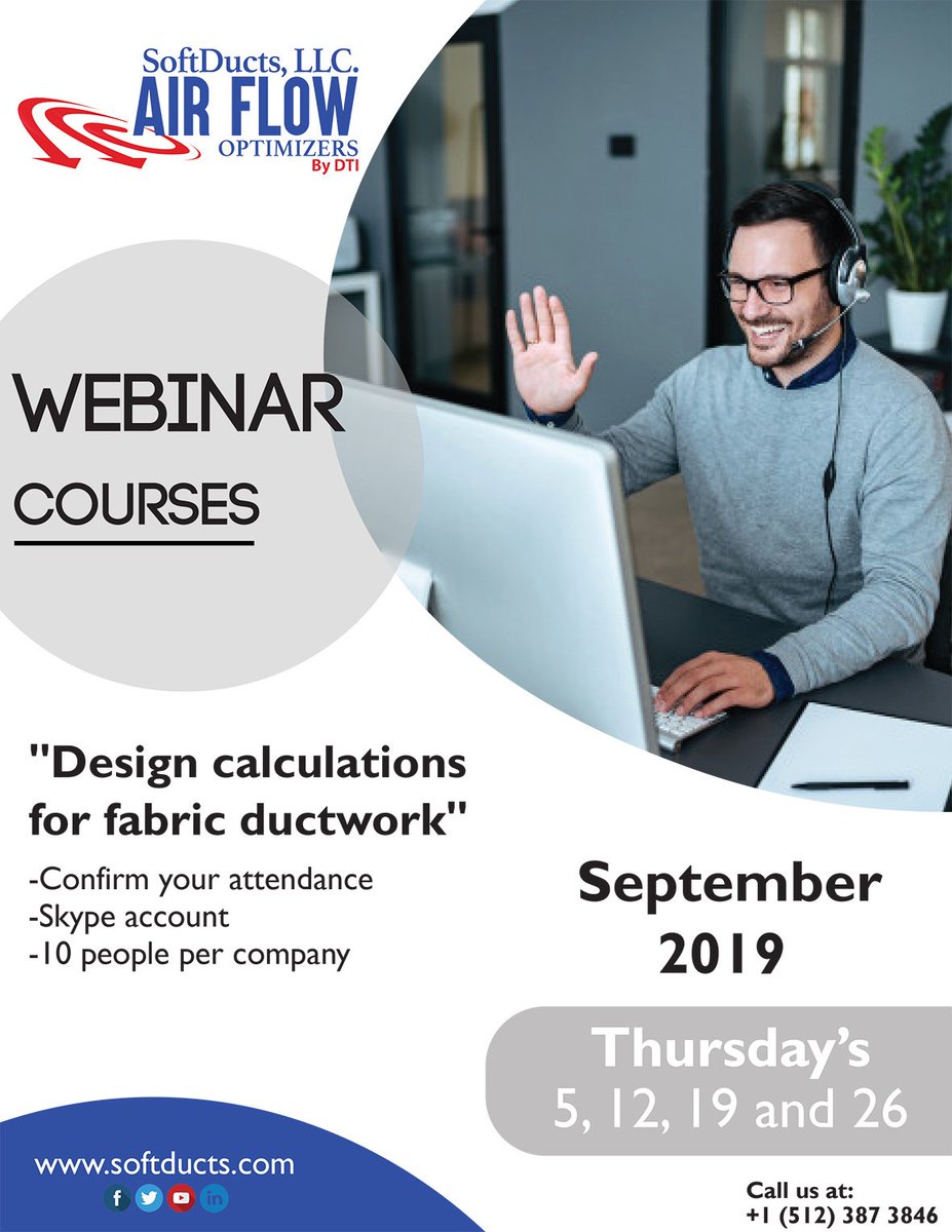SoftDucts's tweet photo. Interested in learning how we design our fabric ductwork for efficient air distributión ? Request dates and times that we have available for you at sales@softducts.com or sales1@softducts.com
phone: +1 (713) 261 0474
#hvac #softducts #webinars #design #freecourse https://t.co/tLWtKgasF8