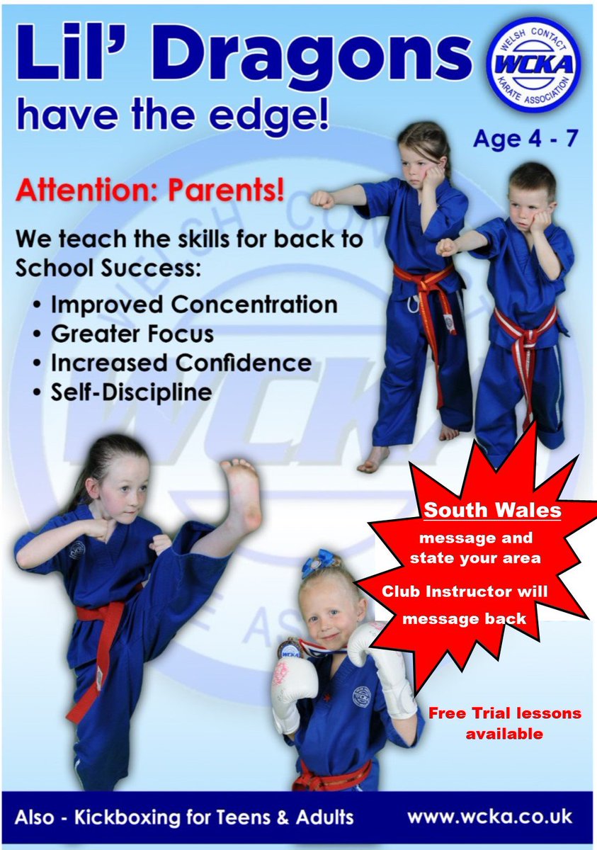 👊New term, New beginning
👊Get your kids active and boost their confidence
👊Classes across South Wales 👊
👊Send message NOW - Club Instructor will message back 
👊FREE trial sessions near you
👊We are waiting for new friends to join us 🥋🥋 #wcka #kickboxing #karate #wales