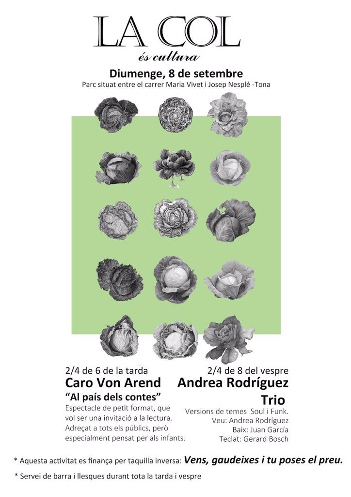 lacolescul's tweet photo. Aquest diumenge acomiadem l’estiu amb #laColÉsCultura. A partir de les 17.30h us esperem al bosquet de la Canal (c. Maria Vivet amb c. Josep Nesplé #Tona) amb l’espectacle infantil de Caro Von Arend i, després, concert amb Andrea Rodríguez Trio. Tota la info a sota👇🏽 https://t.co/qRyLkEZwY0