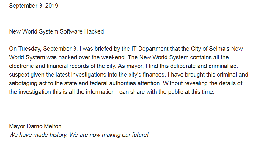 WAKA8News's tweet photo. The city of Selma's financial records have been hacked. The city's mayor, Darrio Melton, believes the act to be criminal.

We're looking into this investigation for more information. #ALNewsNet #selma https://t.co/RGSUBRiknR
