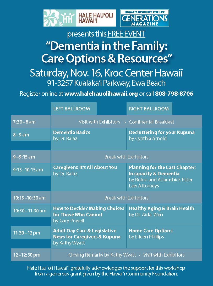 Lunalilo_Home's tweet photo. September is #WorldAlzheimersMonth, Did you miss our Savvy Caregivers workshop or just want to know more about how to deal with a loved one with dementia? Dr. Pokii Balaz will be speaking at this free event on November 16th at the Kroc Center in 'Ewa Beach. #LunaliloHome https://t.co/5ojGIisbNZ