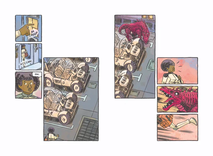 @GailSimone Hi Gail, thanks for doing this! I've done my own indie stuff and am looking to get into more paid work. Here's four sequential pages from a book of my own I'm working on. 