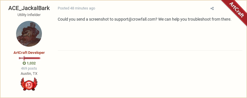 ProjectMalekai's tweet photo. ACE_JackalBark posted in "ERROR code 409 on my guild page" #Crowfall #RedPost
https://t.co/mzUAPOWOmU https://t.co/dSGbIVHdIy