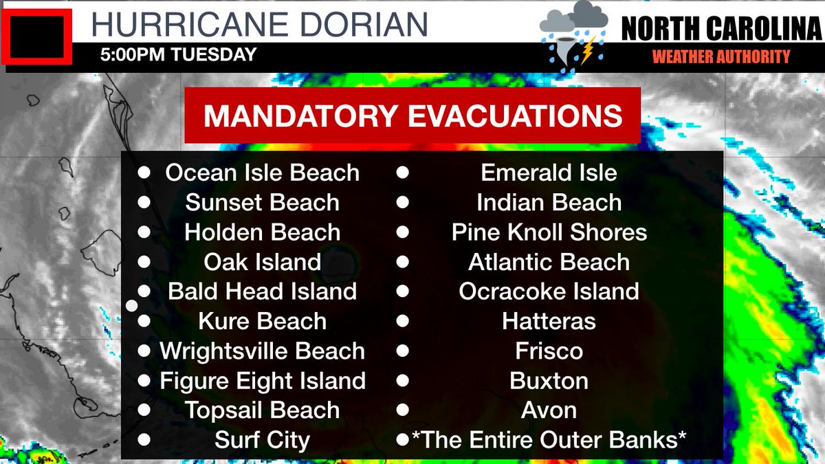 ncwxauthority's tweet photo. **MANDATORY EVACUATION** of every North Carolina barrier island. Here's a list of most of them, this includes the entire Outer Banks. Please head these warnings it's for the safety of your life. https://t.co/yph79AhwyK