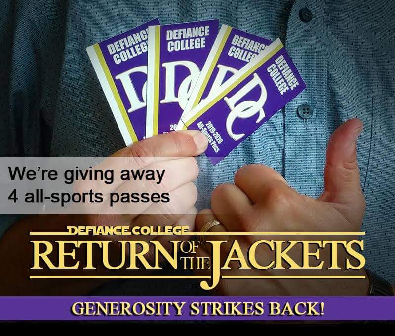 defiancecollege's tweet photo. Sharing never stops at DC! Darin Wion '91 would like us to give away his 2 DC all-sports passes, so we decided to double the fun: the winner now receives FOUR passes! To enter, like and comment your favorite Yellow Jacket sport. Ends Sept. 4 at midnight. Winner announced Sept. 5. https://t.co/pCa3pTtCJU