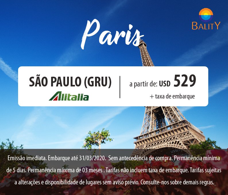 balityviagens's tweet photo. PASSAGEM AÉREA PARIS VOANDO COM A ALITALIA ✈✈✈
📧 reservas@bality.com.br
📲 11-3371-6301
#balityviagens #vacomabality #viagem #viajar #travel #trip #turismo #tour #ferias #destinosinternacionais #europa #europe #paris #torreeifel #postcard #passagemaerea https://t.co/npnjB1MISv