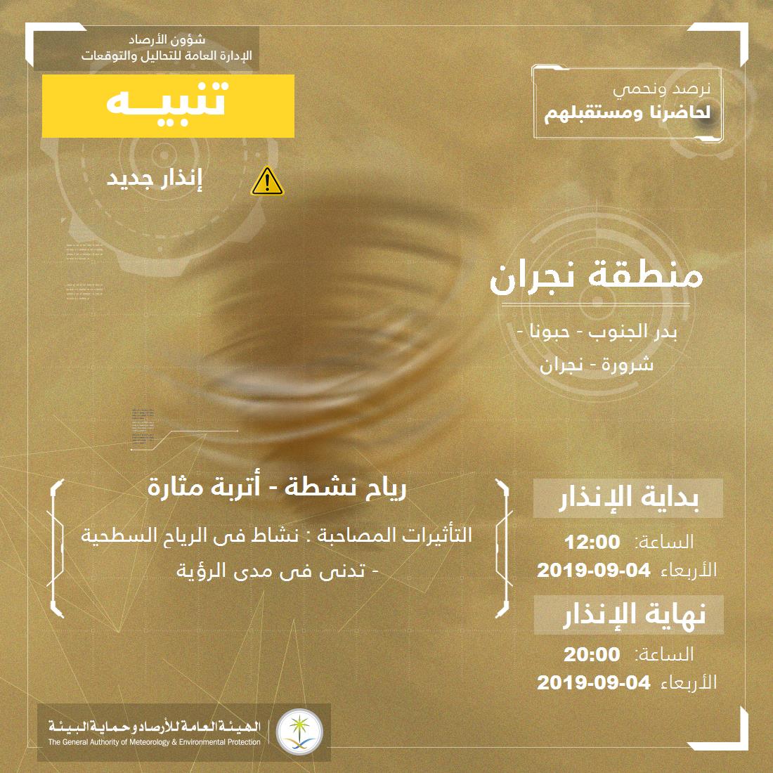 NCMKSA's tweet photo. تنبيه - #منطقة_نجران - #بدر_الجنوب #حبونا #شرورة #نجران  

للتفاصيل  https://t.co/j0RAaeUh4f 

#الإنذار_المبكر #طقس_السعودية
#الهيئة_العامة_للأرصاد_وحماية_البيئة https://t.co/pXmTqXrG7V