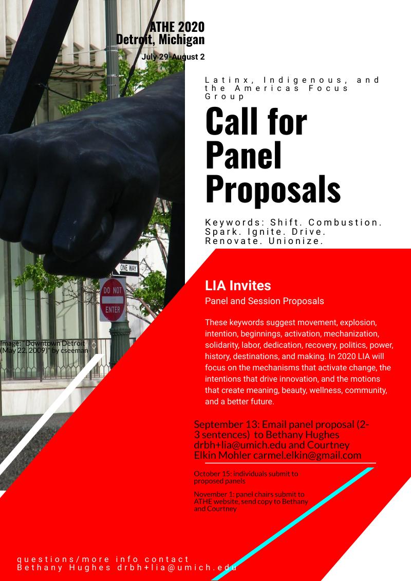 NotBeth_Bethany's tweet photo. Latinx, Indigenous, and the Americas Focus Group CFP for session/panel proposals (ATHE 2020) is out! First step=2-3 sentence session description by Sep. 13. Questions? Ideas? Contact me, 2020 Conference Planner (email on flyer) #LIA #ATHE2020 #ATHE20 #Detroit #Michigan https://t.co/CYKVM2ZH9b