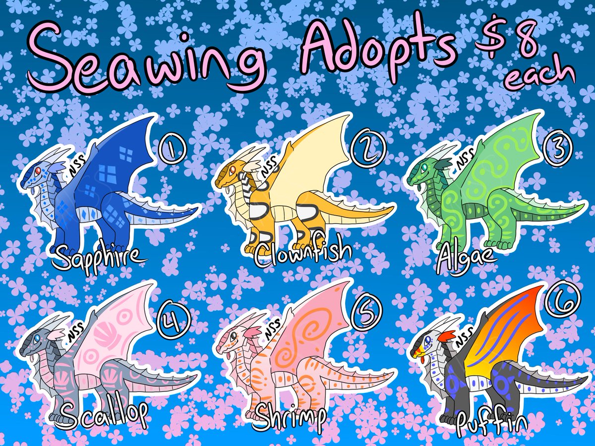 Adoptable Seawing friends!! These sweet young Seawing dragons are all looking for a new home! They are housebroken and very sweet, and their light-up bodies are great for night-time shenanigans! #adoptablecharacters #wingsoffire #wofseawing #adoptacharacter #seadragons