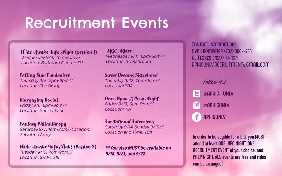 💜☁️Come meet our sisters at our recruitment events starting this Wednesday at Info Night!☁️💜