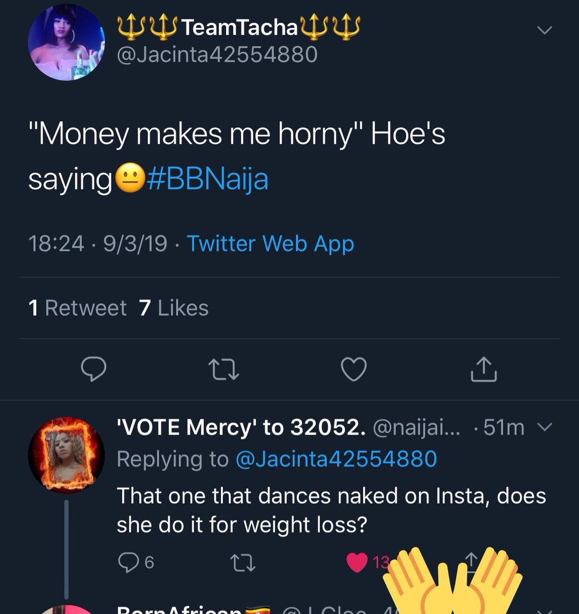 Lyndaiwuagwu's tweet image. 🤣🤣🤣🤣🤣🤣shots fired.💃💃💃
#BBNaija
#September4Mercy