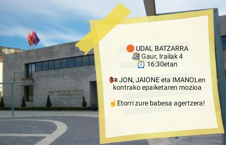 Gaur, asteazkena, irailaren 16an hasiko den Makro epaiketaren aurrean, Antsoaingo bizilagunak diren Jaione, Imanol eta Jonen eskubideak aitortzen dituen mozioa aurkeztuko da udaletxean.

#47akHerrian