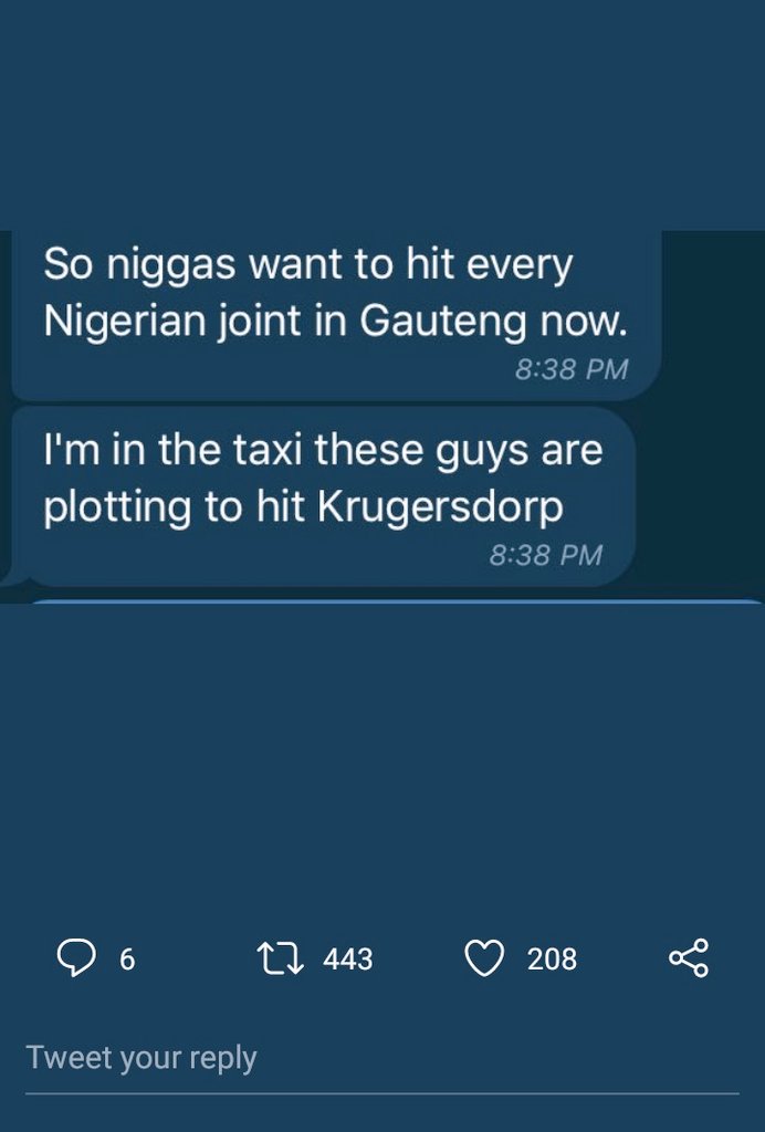 lindali26's tweet photo. Nigerians in South Africa be alert. They are planning to attack Nigerian Joints tonight in Krugersdrop  ,  Gauteng, in South Africa.......Retweet inform people  #bbnaija https://t.co/MjRFTU9LYd