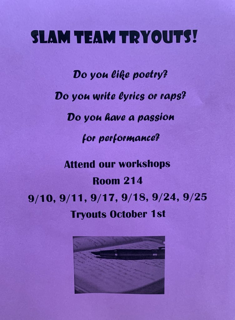 joelcmayo's tweet photo. Gray's Creek Slam Team tryouts October 1st. Spread the spoken word. #spokenword #youthpoets #slamteam https://t.co/iSG1uDkESC