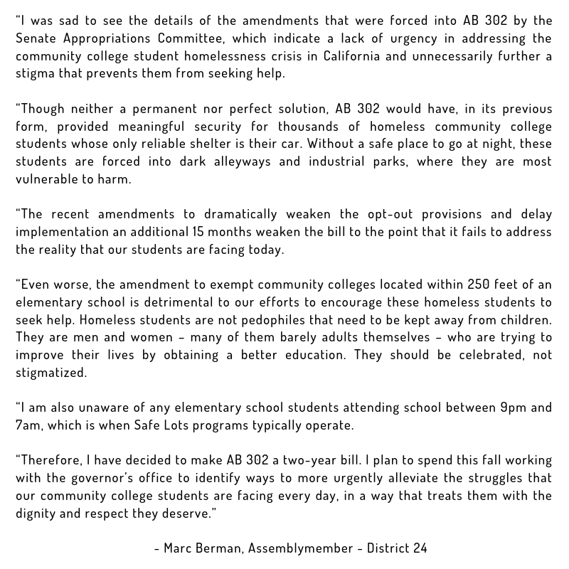 AsmMarcBerman's tweet photo. My statement on the amendments made to #AB302 in the Senate Appropriations Committee 👇 #AD24 https://t.co/0tKfwZ7mTQ