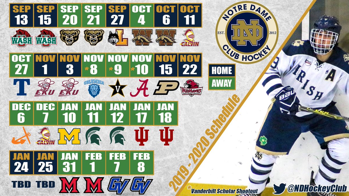 NDHockeyClub's tweet photo. BIG ANNOUNCEMENT!

The 2019-2020 schedule is finally here! Play starts next week when we host @WashingtonUpuck ! All home games at Compton Family Ice Arena.

#GoIrish🍀 https://t.co/kefYIcQHnl
