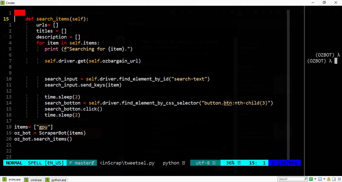 FreelanceForBTC's tweet image. 5⃣ /
Okay building this out a bit more, firefox opens a browser to (ozbargain.com.au/competition/all)
Want to #Webscrape.
Titles
URL's
Description
Will enter a search{items} def #GPU and enter(.click)