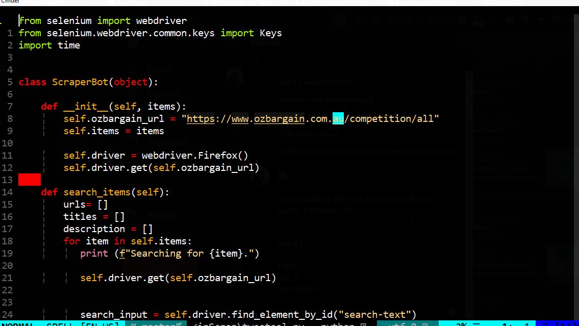 FreelanceForBTC's tweet image. 5⃣ /
Okay building this out a bit more, firefox opens a browser to (ozbargain.com.au/competition/all)
Want to #Webscrape.
Titles
URL's
Description
Will enter a search{items} def #GPU and enter(.click)