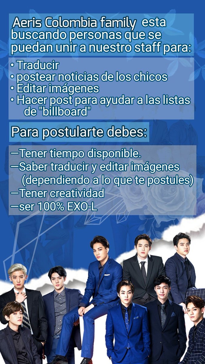 AerisFamily's tweet photo. 🇨🇴AERIS FAMILY TE NECESITA🇨🇴

Si sientes que cumples con los criterios, envianos un DM con tu nombre, país, ciudad y a que te estás postulando, te haremos algunas pruebas y veremos si calificas para alguno de los puestos.

 @weareoneEXO #EXO #WeAreOne https://t.co/zPP8FRj8P8