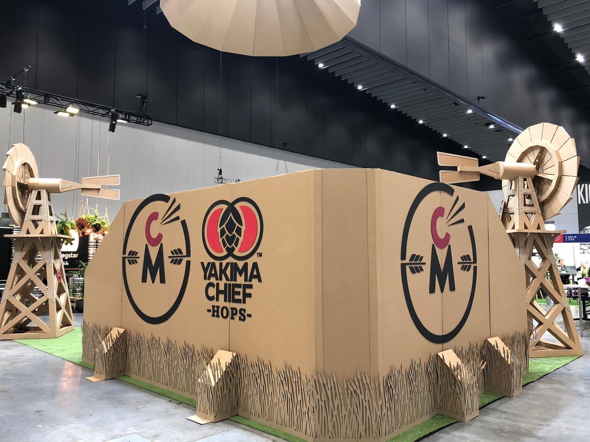 YakimaChief's tweet photo. Off and running, at BrewCon 2019 with Cryer Malt...in Melbourne! In an effort to minimise waste, this year our stand is made completely from recyclable cardboard (shout out to the team at @boxwars for their amazing work). #CryerMalt #BrewCon19 #YakimaChiefHops https://t.co/FJmOc75nn5