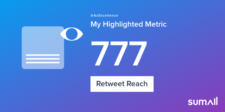 AcExcellence's tweet image. My week on Twitter 🎉: 11 Mentions, 11 Retweets, 777 Retweet Reach. See yours with sumall.com/performancetwe…