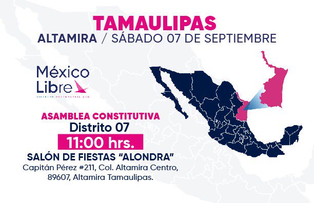 MexLibre_'s tweet photo. ⏰#TAMAULIPAS Próximas Asambleas:

- Altamira (sáb 07 Sept)
- Reynosa (dom 08 Sept) https://t.co/d9aLDCLhdG