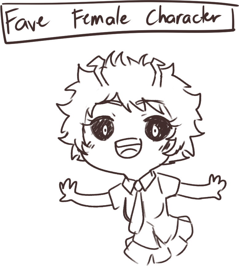 3. Favorite Female Character.
I know I don't draw her much, but it's Mina! She's spunky and very bouncy. I can't wait to see her and Kirishima's middle school days in the anime o 7o